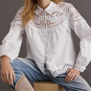 Anthropologie White Embroidered Butterfly Eyelet Lace Buttondown Shirt